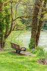 Rockport, Washington State, USA. Bench overlooking Skagit River in Rockport Steelhead Park. Art Print